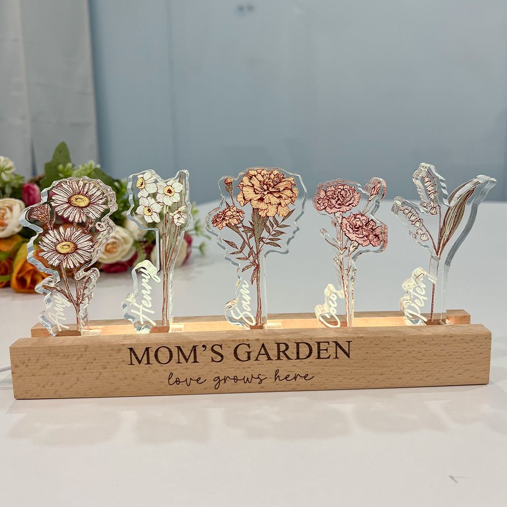 Custom Birth Flower 3D Crystal Acrylic LED Light With Children's Names - Canvasgiftco