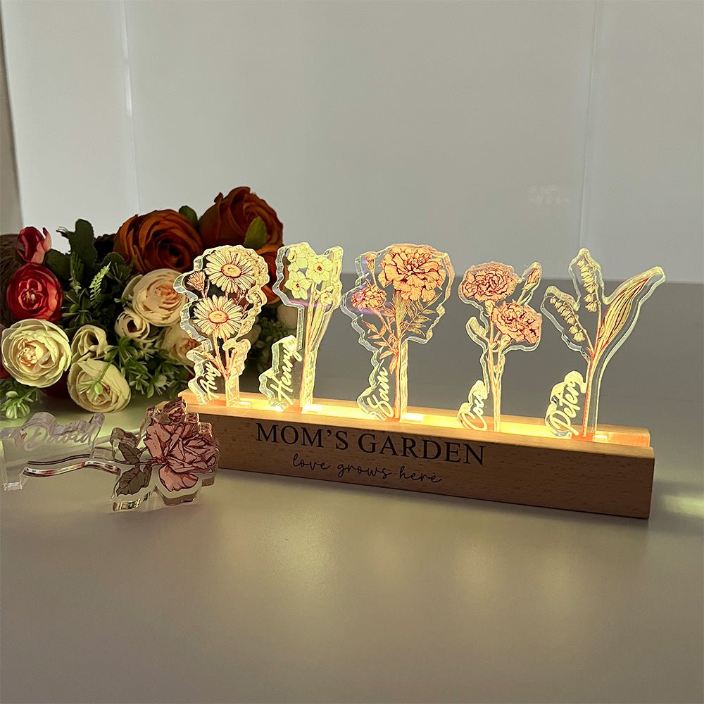 Custom Birth Flower 3D Crystal Acrylic LED Light With Children's Names - Canvasgiftco