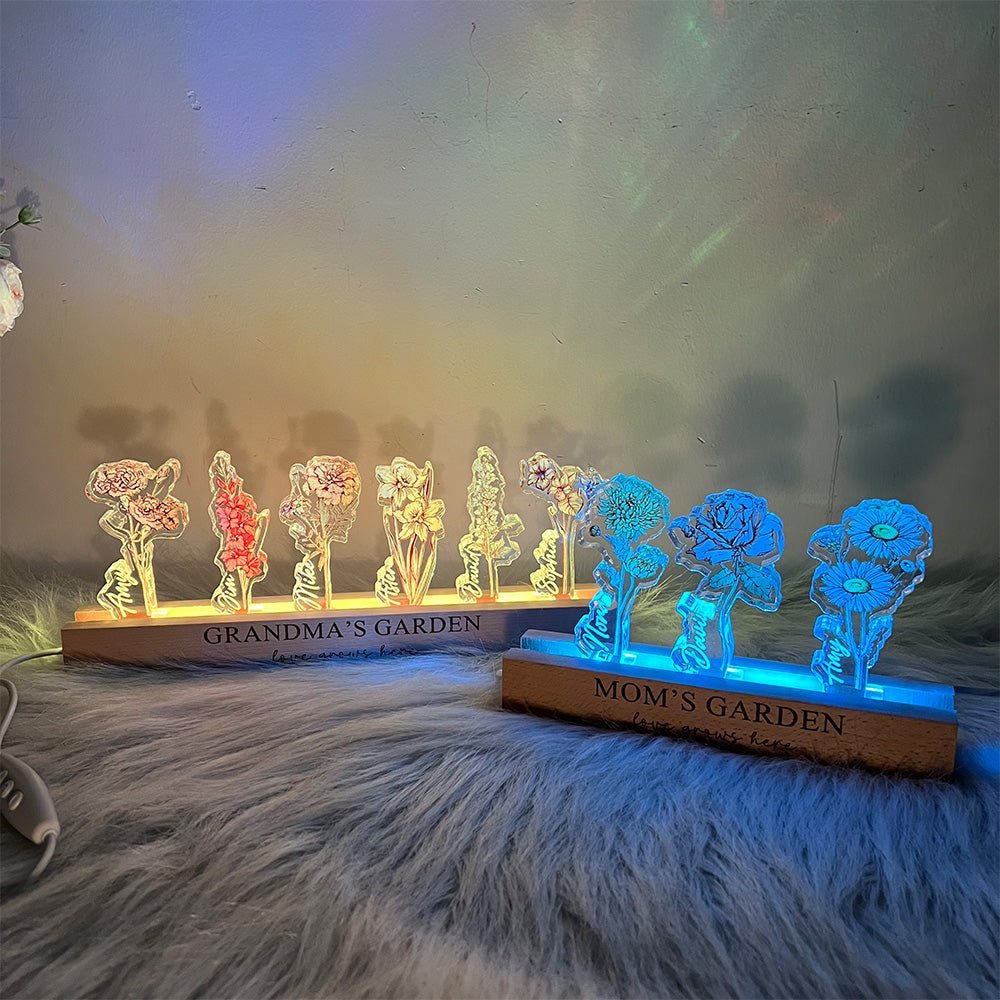 Custom Birth Flower 3D Crystal Acrylic LED Light With Children's Names - Canvasgiftco