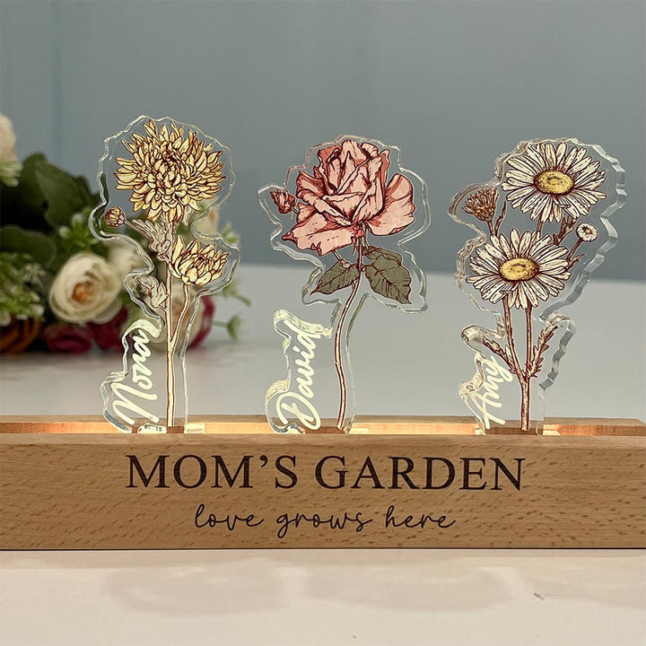 Custom Birth Flower 3D Crystal Acrylic LED Light With Children's Names - Canvasgiftco