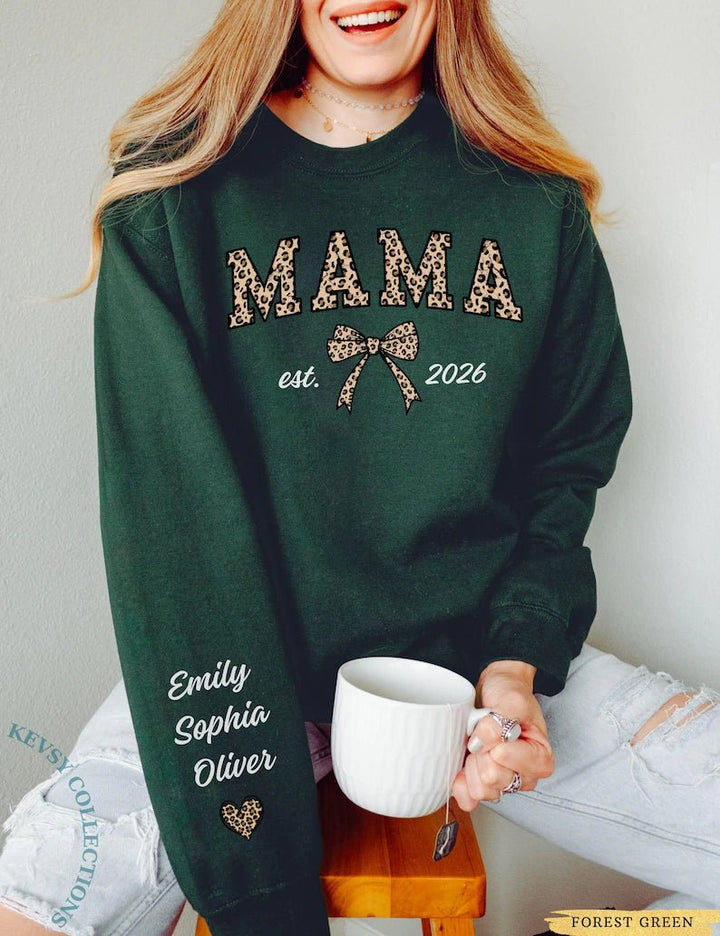 Custom Leopard Mama Sweatshirt With Kid Name On Sleeve, Personalized Mom Sweatshirt, Gift For Mom, Mothers Day Gift,Mama Est Year Sweatshirt - Canvasgiftco