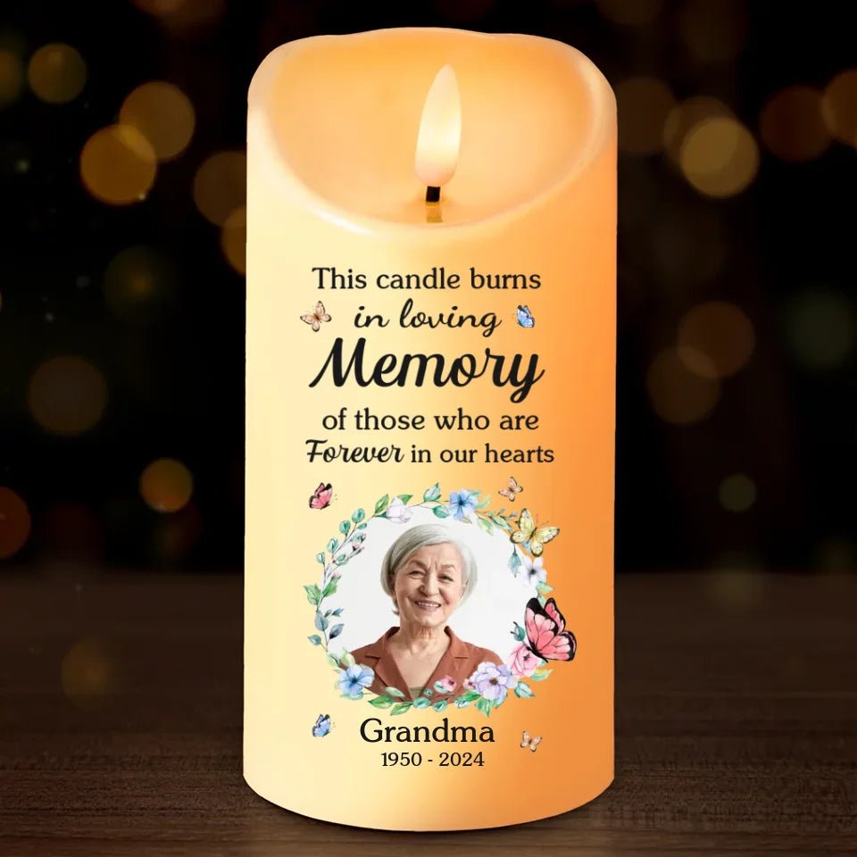 Custom photo this candle burns in loving memory - Memorial Personalized Custom LED Candle - Sympathy Gift for Family - Canvasgiftco