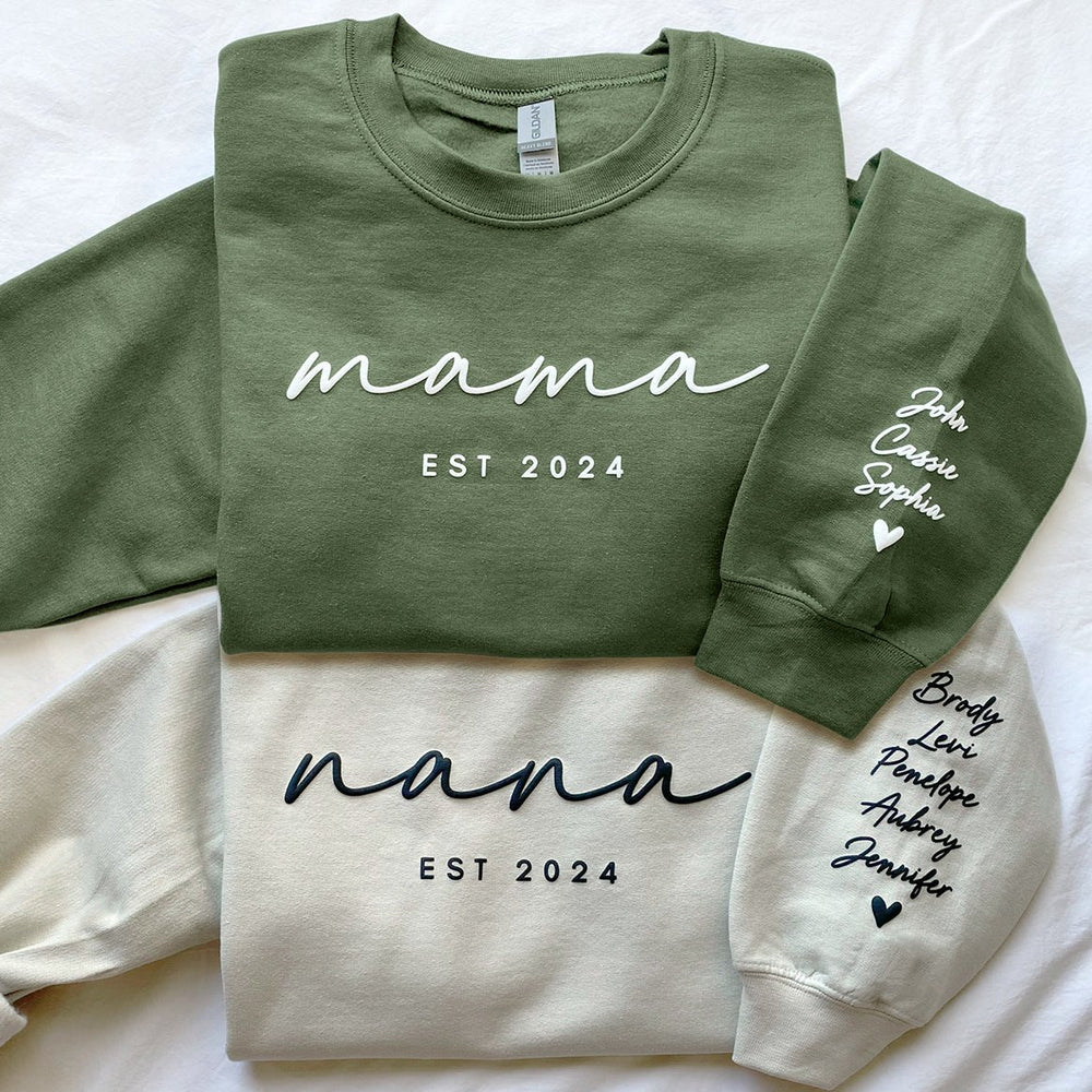 Custom Puff Print Sweatshirt Est Year with Kids Names on Sleeve - Canvasgiftco