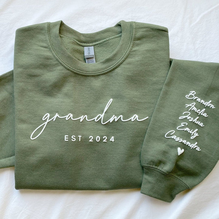 Custom Puff Print Sweatshirt Est Year with Kids Names on Sleeve - Canvasgiftco