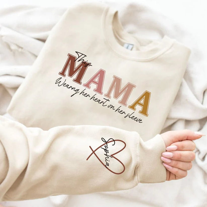 Custom This Mama Wears Her Heart On Her Sleeve Sweatshirt - Canvasgiftco