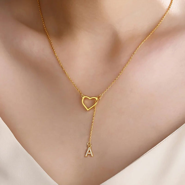 Customized Personalized Heart Lasso Necklace - Inlaid Zirconia Letters - Canvasgiftco