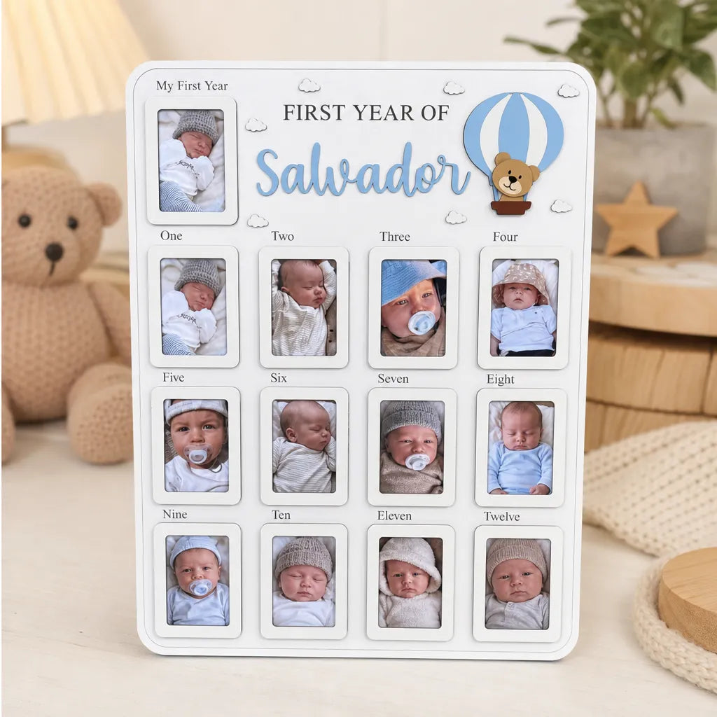 Hot Air Balloon Bear – Personalized Baby’s First Year Photo Frame