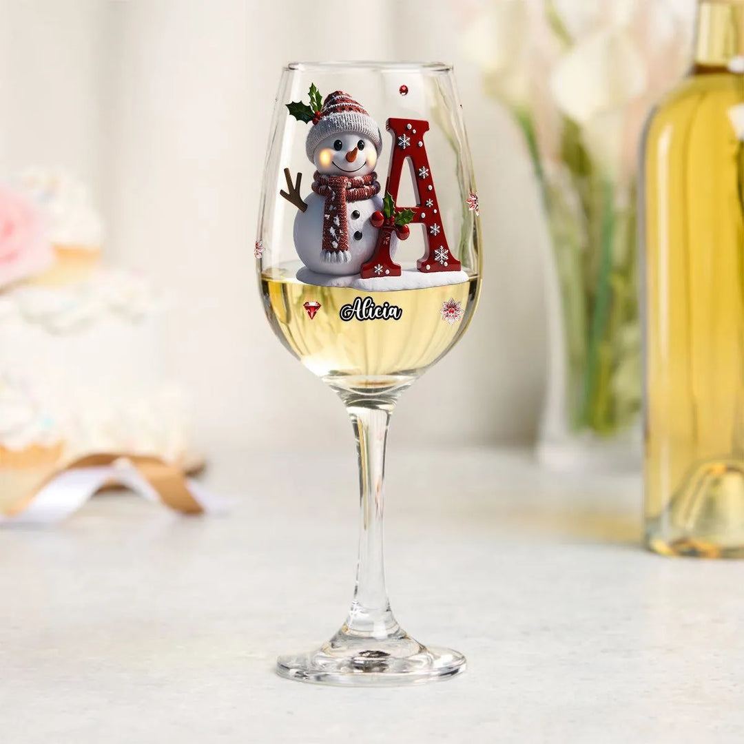 Engraved Snowman Christmas Wine Glass with Name