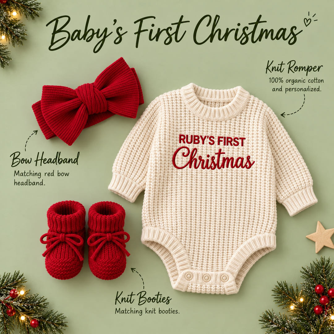 Personalized Baby’s First Christmas Organic Cotton Knit Romper Set