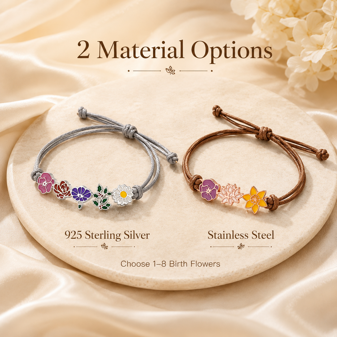Personalized Birth Flower Bracelet for Mom – Custom Family Flower Bracelet with 1–8 Flowers