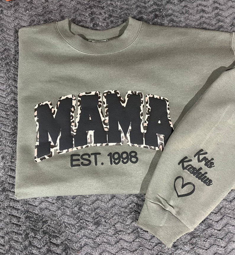 Mama Leopard Puff Print Personalized Sweatshirt or Hoodie with Kids Name Sleeve Gift Sweatshirt New Mom Sweatshirts gift