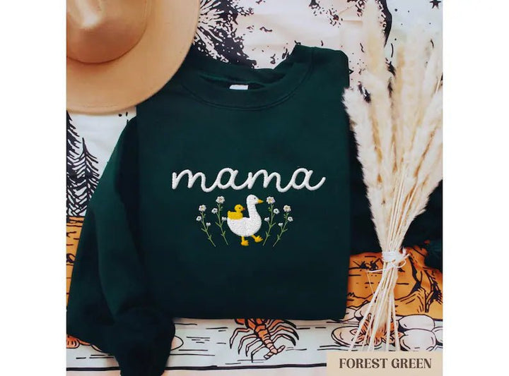 Embroidered Mama Duck Sweatshirt – Cute Floral Duck Mama Crewneck, Cozy Mother’s Day Gift for Mom, New Mom Gift Sweatshirt - Canvasgiftco
