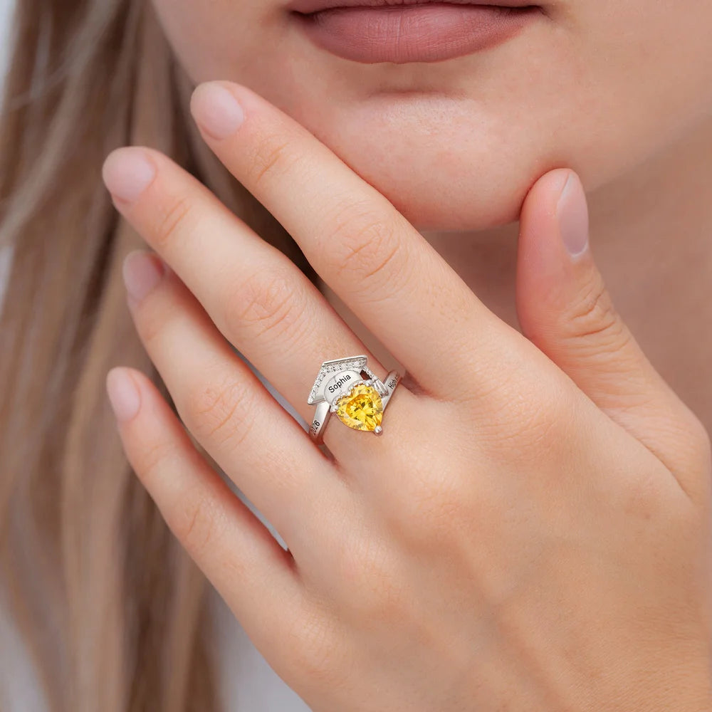 Personalized Zircon Grad Cap Heart Birthstone Ring