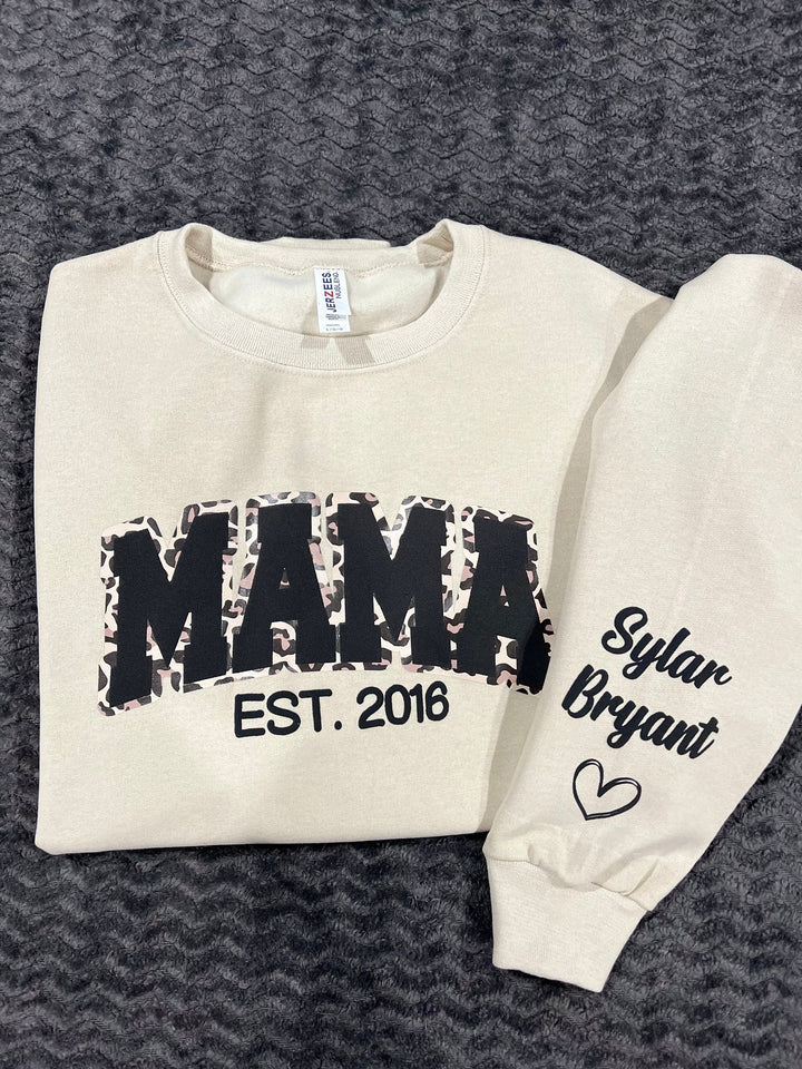 Mama Leopard Puff Print Personalized Sweatshirt or Hoodie with Kids Name Sleeve Gift Sweatshirt New Mom Sweatshirts gift
