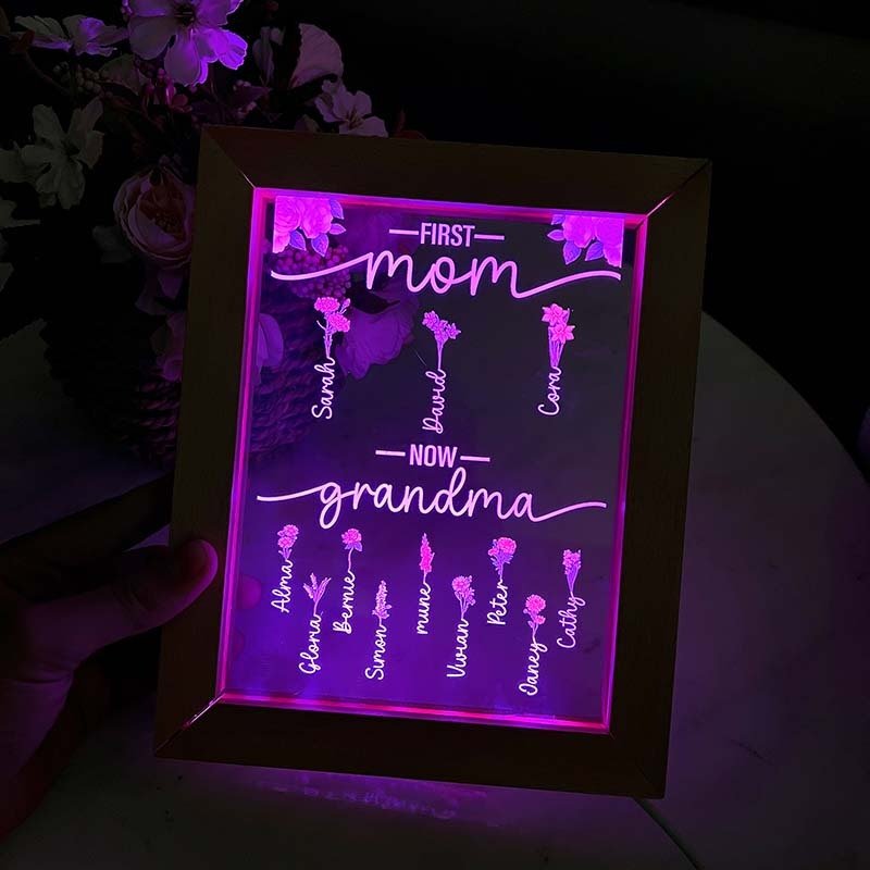 First Mom Now Grandma | Personalized Birth Flower Light Up Frame - Canvasgiftco