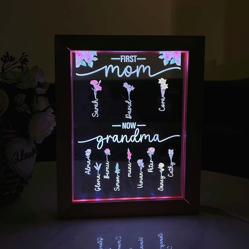 First Mom Now Grandma | Personalized Birth Flower Light Up Frame - Canvasgiftco
