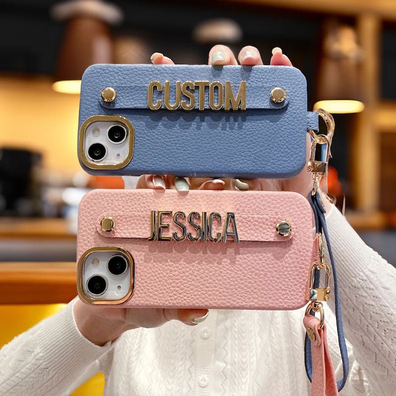 For iPhone - Personalized Genuine Leather Lychee Pattern Metal Letter Phone Case - Canvasgiftco