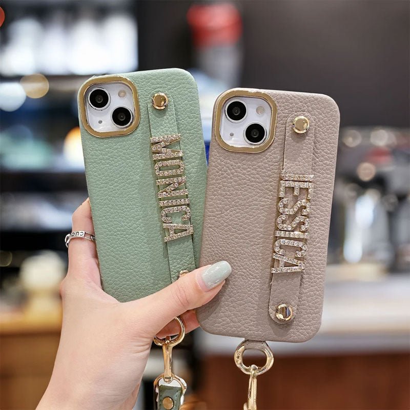 For iPhone - Personalized Genuine Leather Lychee Pattern Metal Letter Phone Case - Canvasgiftco