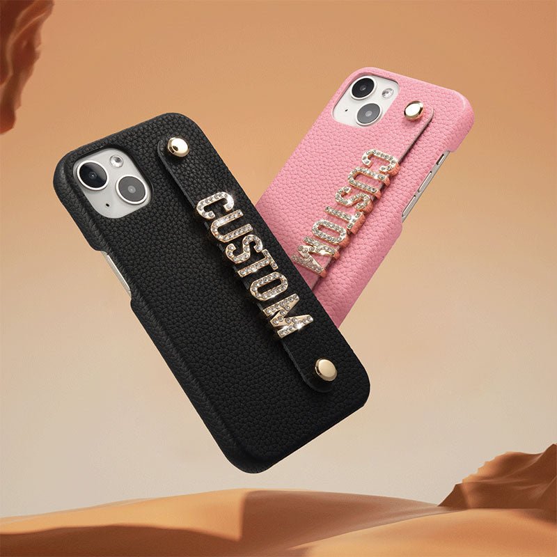 For iPhone - Personalized Genuine Leather Lychee Pattern Metal Name Phone Case - Canvasgiftco