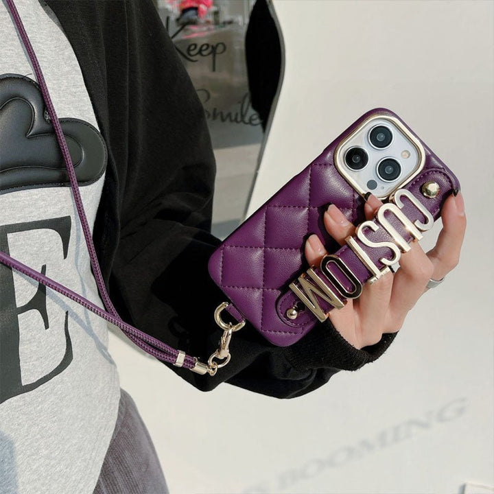 For iPhone - Personalized Letter Rhombus Bread Leather Lanyard Phone Case - Canvasgiftco