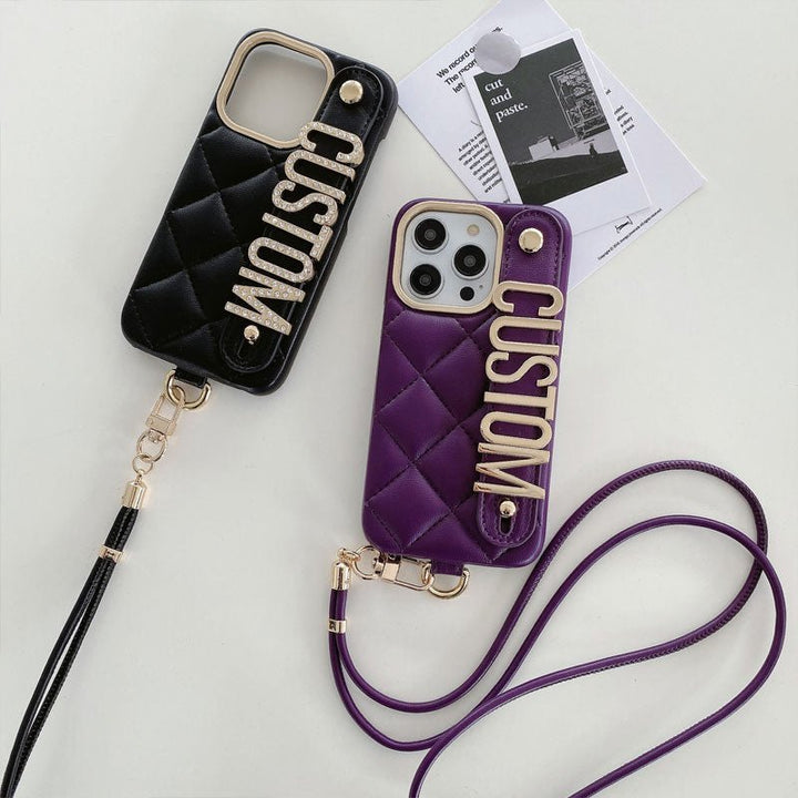 For iPhone - Personalized Letter Rhombus Bread Leather Lanyard Phone Case - Canvasgiftco