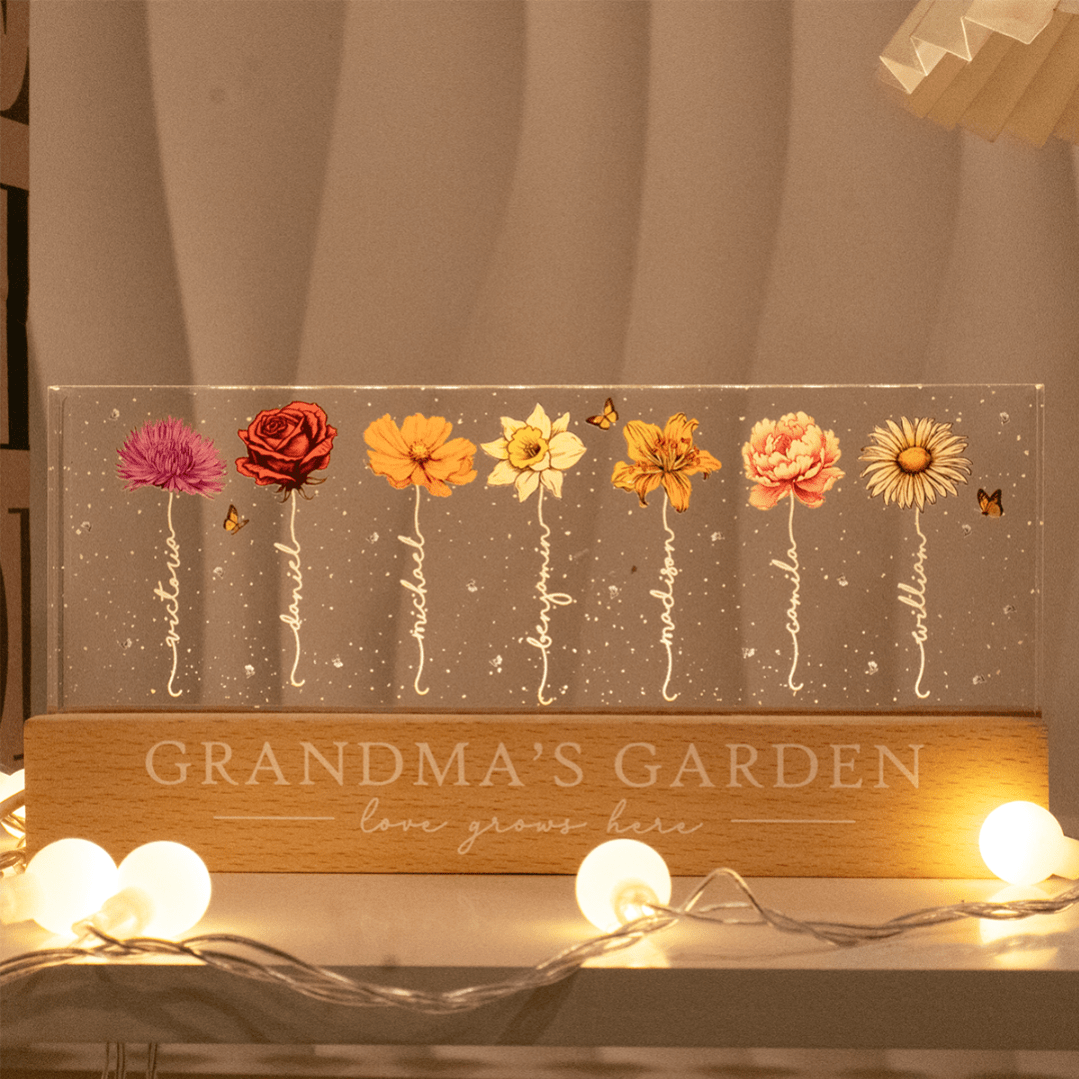 Grandma‘s Garden Birth Month Flower Personalized LED Night Light, Gift For Grandma Mom - Canvasgiftco