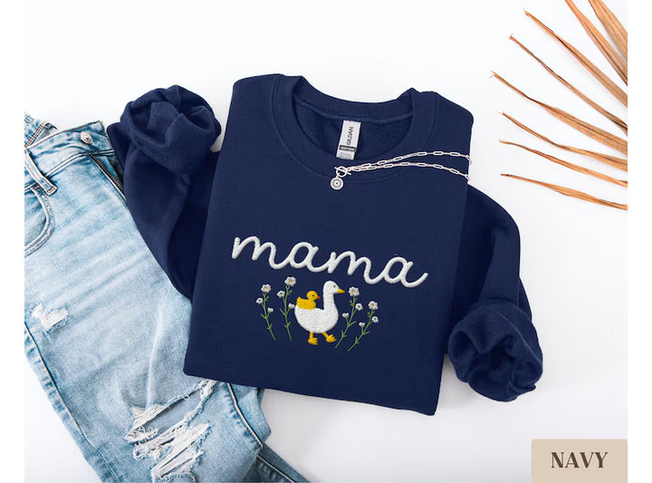 Embroidered Mama Duck Sweatshirt – Cute Floral Duck Mama Crewneck, Cozy Mother’s Day Gift for Mom, New Mom Gift Sweatshirt