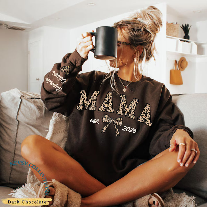 Custom Leopard Mama Sweatshirt With Kid Name On Sleeve, Personalized Mom Sweatshirt, Gift For Mom, Mothers Day Gift,Mama Est Year Sweatshirt
