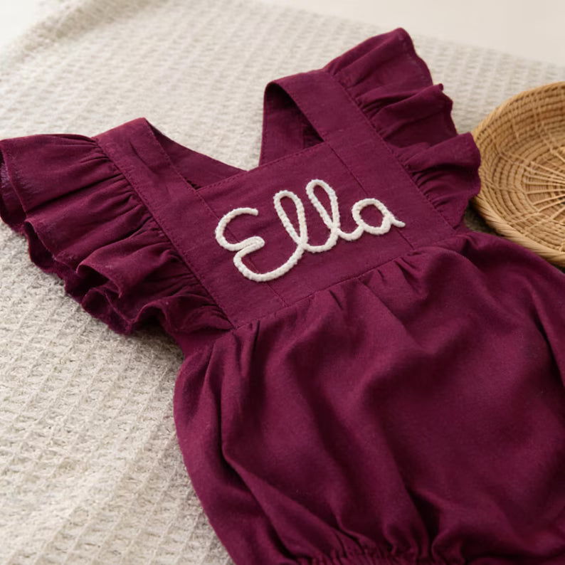 Personalized Embroidered Baby Romper – Custom Name Linen Outfit for Baby Girls
