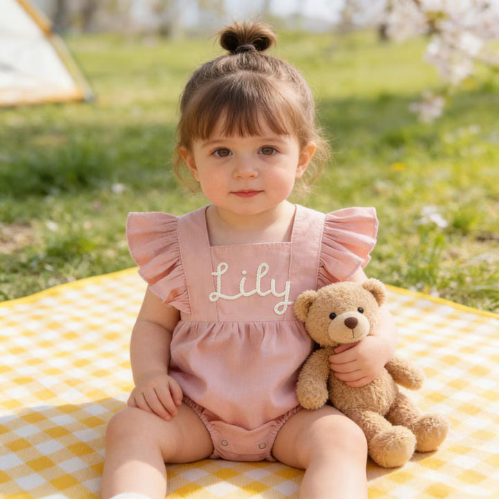 Personalized Embroidered Baby Romper – Custom Name Linen Outfit for Baby Girls