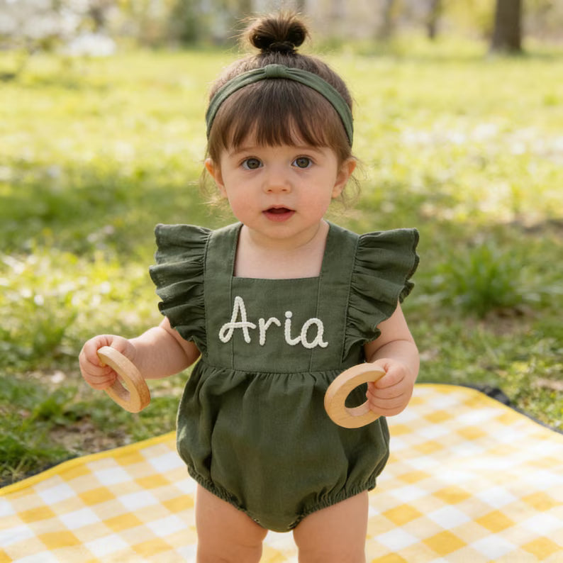 Personalized Embroidered Baby Romper – Custom Name Linen Outfit for Baby Girls