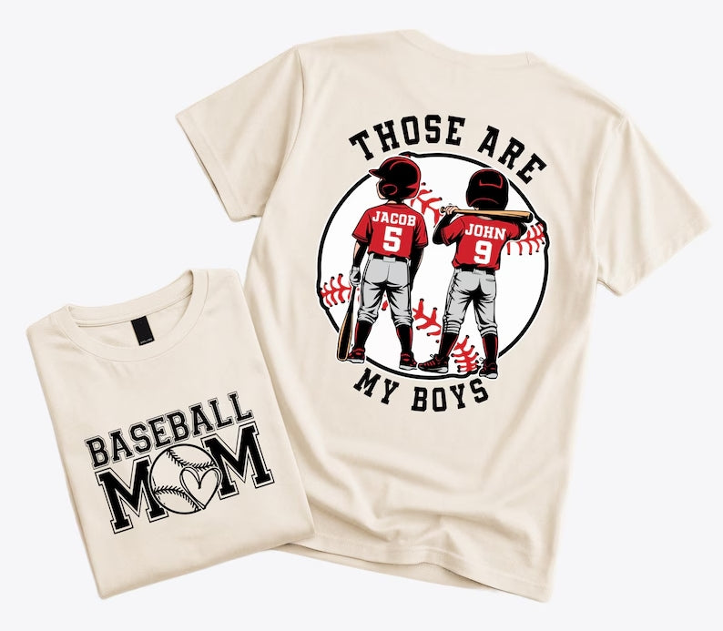 "That's My Boys" Custom Baseball Mom Shirt – Personalized with Kids' Names & Numbers