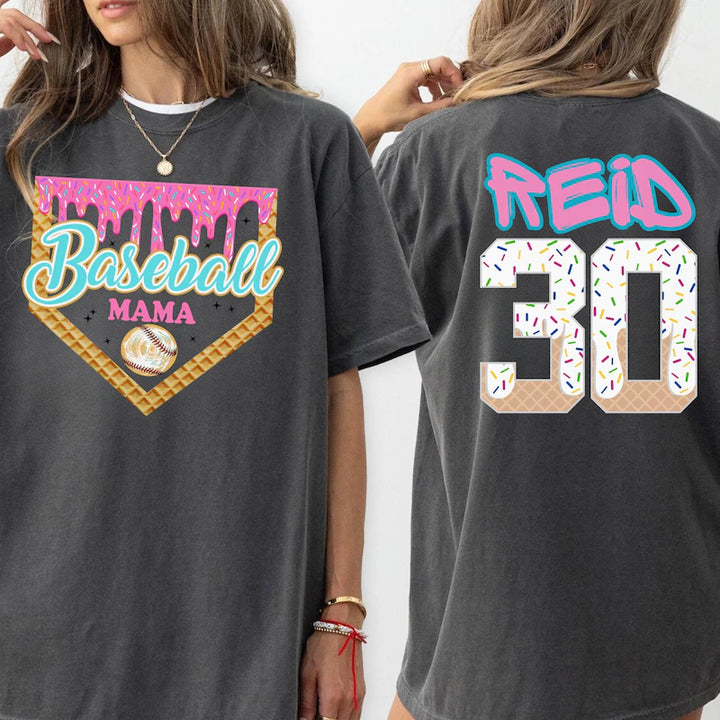 Personalized Ice Cream-Themed Sports Mom T-Shirt with Name & Number – Custom Baseball Mama Shirt