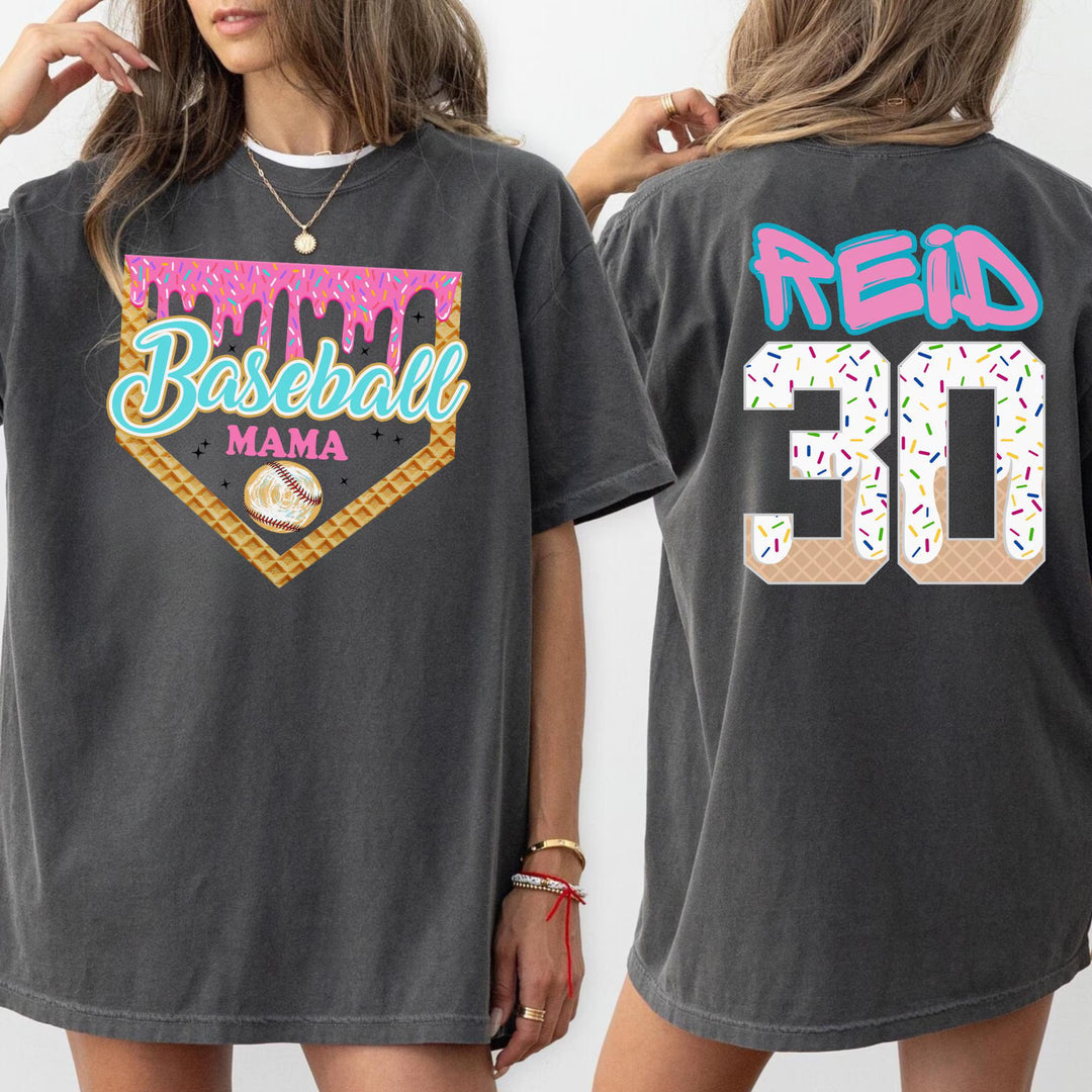 Personalized Ice Cream-Themed Sports Mom T-Shirt with Name & Number – Custom Baseball Mama Shirt