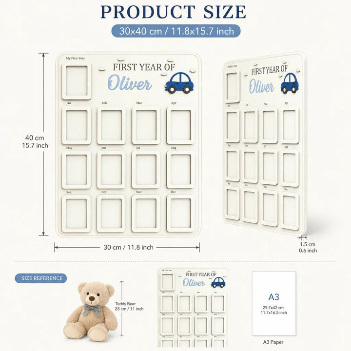Little Blue Car – Personalized Baby’s First Year Photo Frame - Canvasgiftco