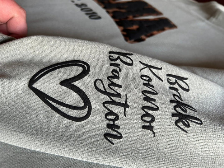 Mama Leopard Puff Print Personalized Sweatshirt or Hoodie with Kids Name Sleeve Gift Sweatshirt New Mom Sweatshirts gift - Canvasgiftco