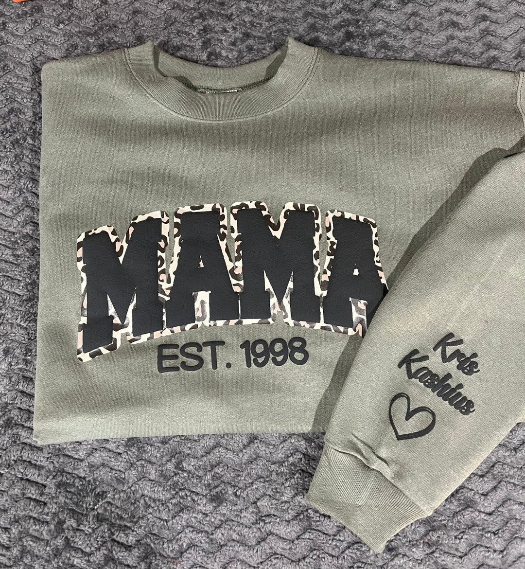 Mama Leopard Puff Print Personalized Sweatshirt or Hoodie with Kids Name Sleeve Gift Sweatshirt New Mom Sweatshirts gift - Canvasgiftco