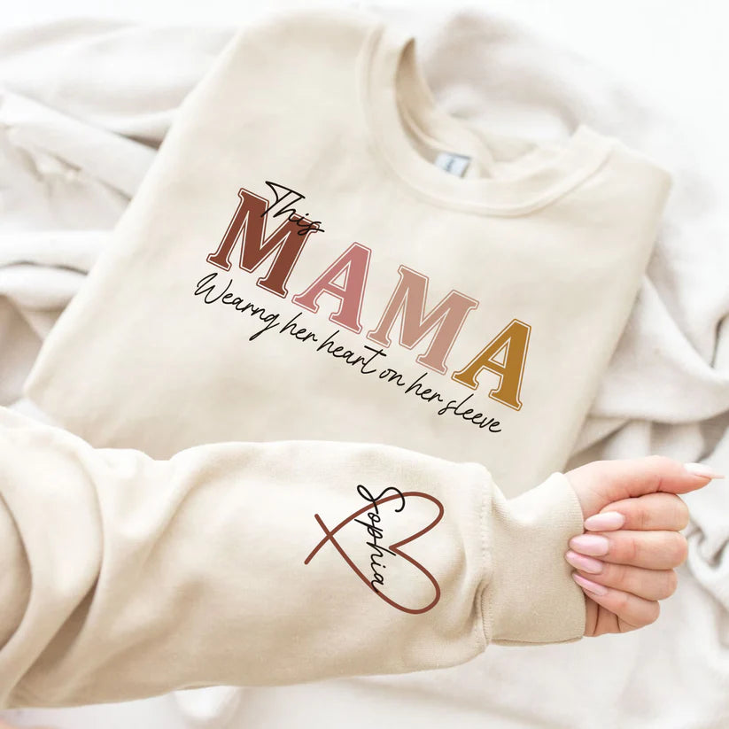 Custom This Mama Wears Her Heart On Her Sleeve Sweatshirt