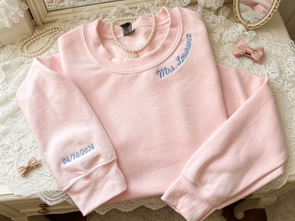 "Mrs. Forever" Custom Embroidered Mrs. Sweatshirt – Personalized Wedding Gift - Canvasgiftco