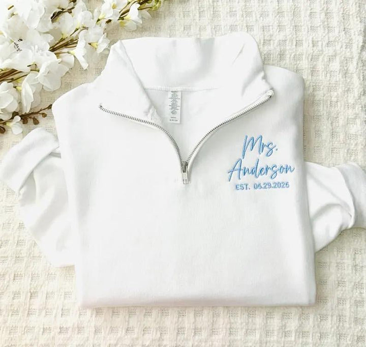 "Mrs. to Be" Personalized Quarter - Zip Bridal Sweatshirt - Canvasgiftco