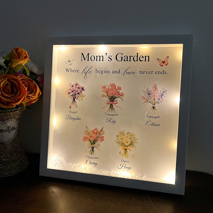 Personalised Floral Frame - Mom's Garden is Her Children Glowing Light Frame Box - Canvasgiftco