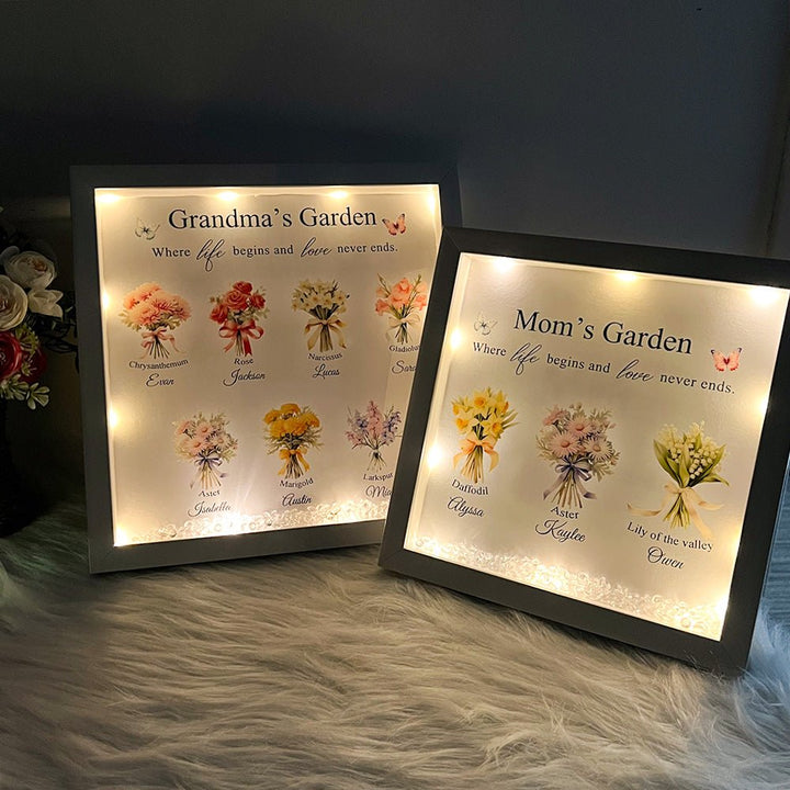 Personalised Floral Frame - Mom's Garden is Her Children Glowing Light Frame Box - Canvasgiftco