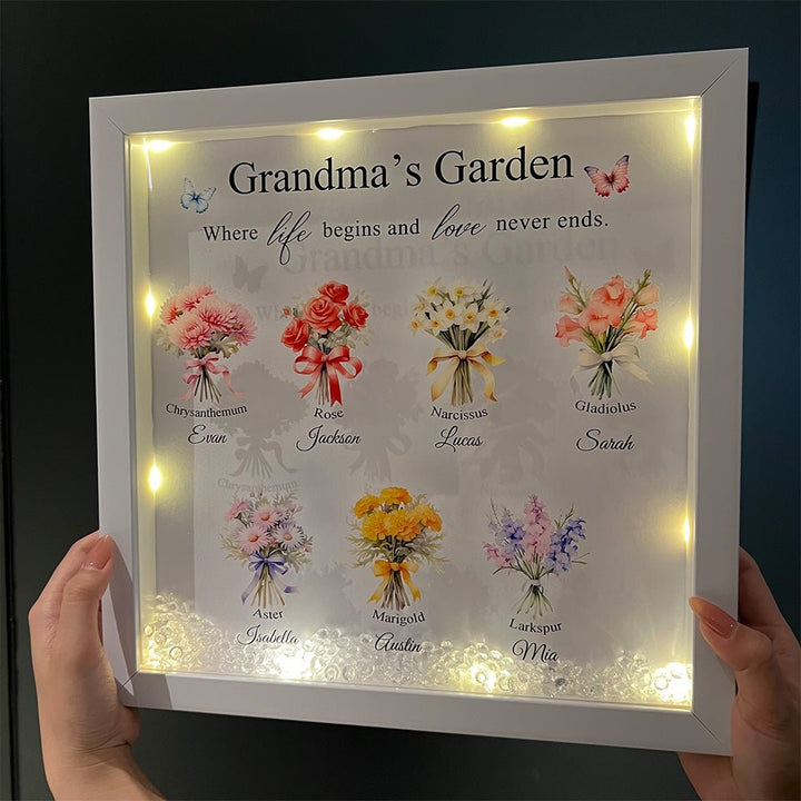 Personalised Floral Frame - Mom's Garden is Her Children Glowing Light Frame Box - Canvasgiftco