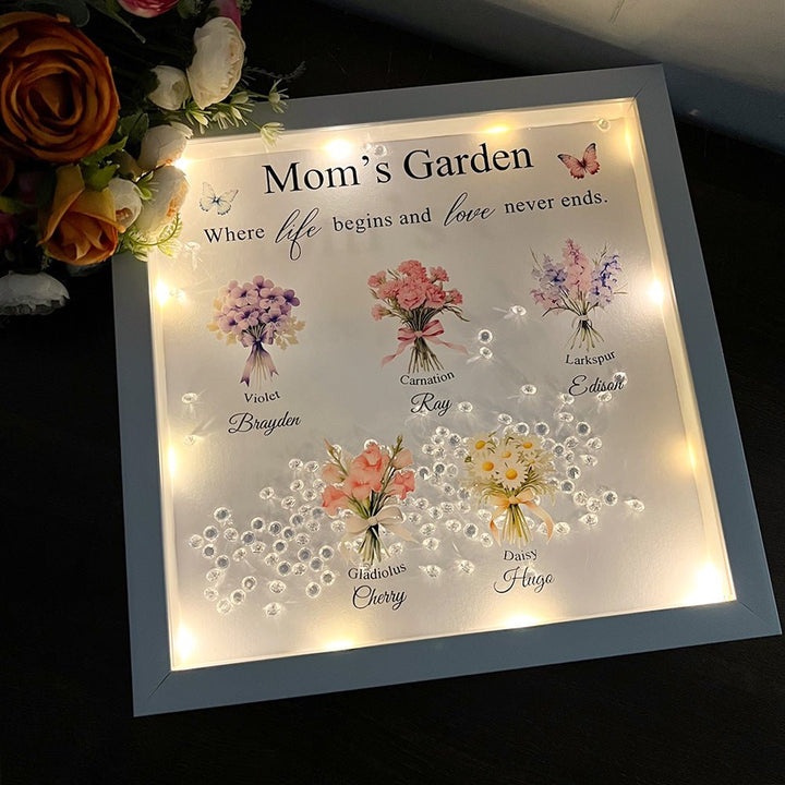 Personalised Floral Frame - Mom's Garden is Her Children Glowing Light Frame Box - Canvasgiftco