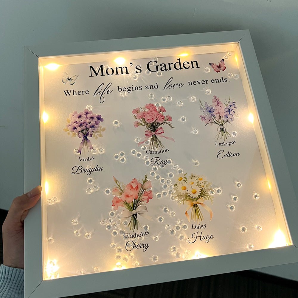 Personalised Floral Frame - Mom's Garden is Her Children Glowing Light Frame Box - Canvasgiftco