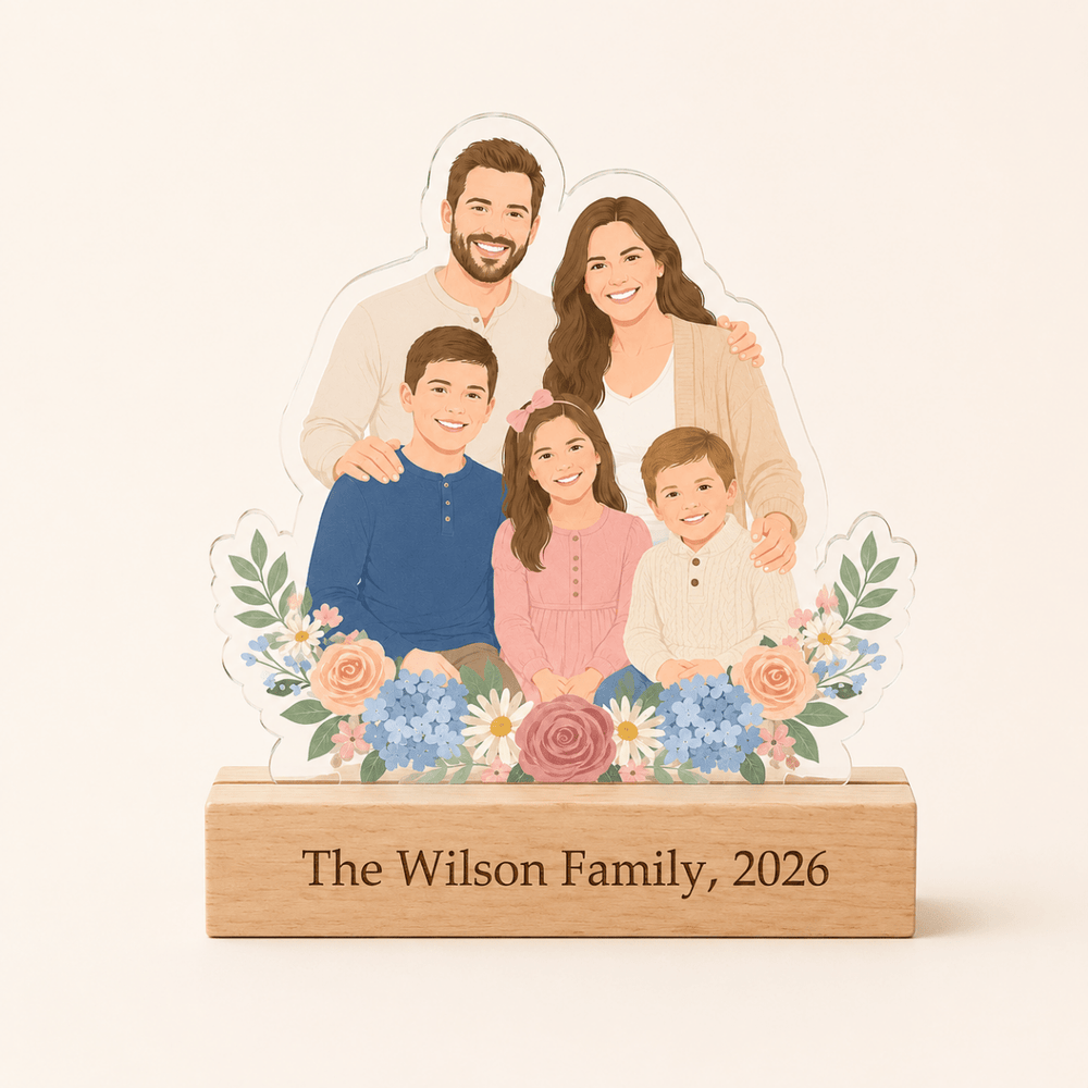 Personalized Acrylic Cartoon Portrait Stand with Wooden Base - Canvasgiftco