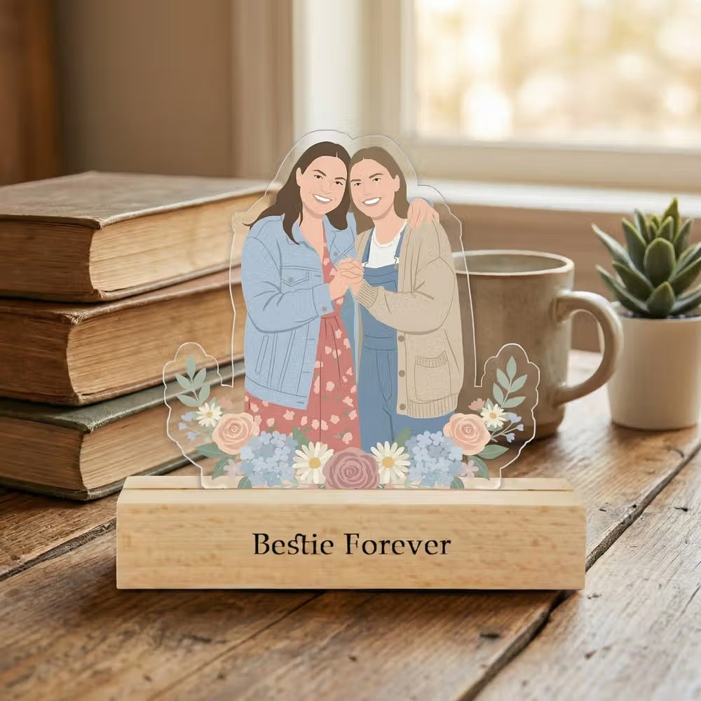 Personalized Acrylic Cartoon Portrait Stand with Wooden Base - Canvasgiftco