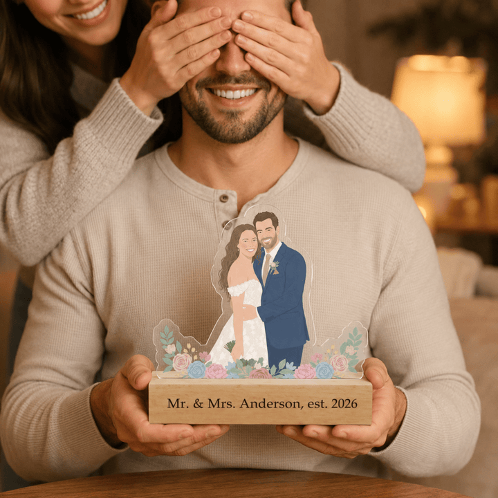 Personalized Acrylic Cartoon Portrait Stand with Wooden Base - Canvasgiftco