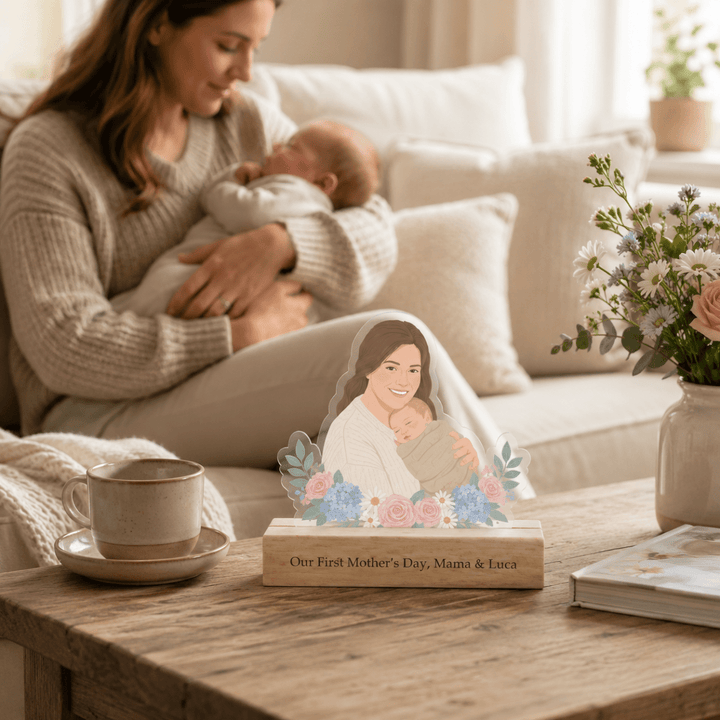 Personalized Acrylic Cartoon Portrait Stand with Wooden Base - Canvasgiftco