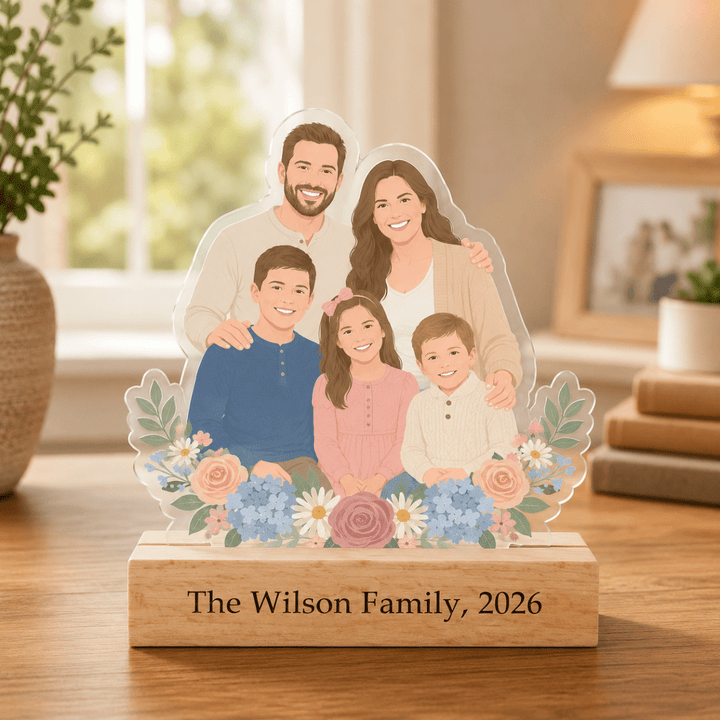 Personalized Acrylic Cartoon Portrait Stand with Wooden Base - Canvasgiftco